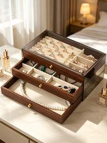 1pc 3-Tier Vintage Walnut Wood Jewelry Box, Drawer Style Jewelry Organizer Box For Rings, Earrings, Necklaces, Bracelets, Elegant Transparent Plastic & Velvet Drawers Jewelry Storage Box - Multicolor - View 2