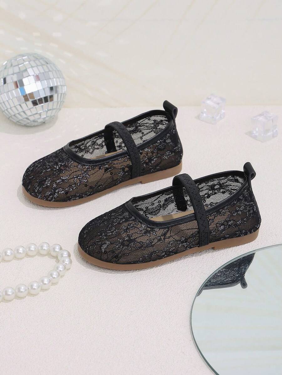1 Pair Lace Mesh Mary Jane Slip-On Shoes With Random Floral & Striped Design, Hollow Out, For Party, Shopping, School, 2026 New Style - Black - View 1
