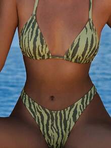 Women's Basic Striped Print Swimsuit, Suitable For Various Occasions From Pool To Beach In Summer, Daily Mini Triangle Bikini Beach Outfit Vacation - Green - View 1