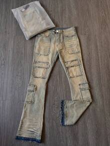Men's Distressed Washed Frayed Multi-Pocket Cargo Flared Jeans, American High Street Stacked Vintage Flared Long Pants, Streetwear Cargo Denim Trousers - Yellow - View 3