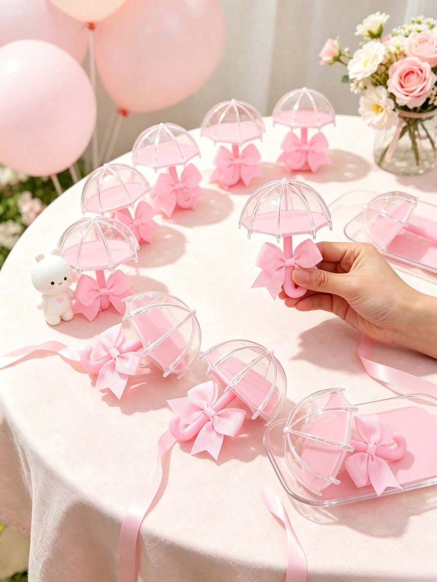 1/10 Set Kotak Transparan Payung Pita Lucu Warna Pink, Kotak Penyimpanan Mini Isi Ulang, Cocok Untuk Dekorasi Tengah Meja Pesta Baby Shower, Dekorasi Meja Pesta Pengungkapan Jenis Kelamin Bayi, Kotak Hadiah Kecil, Hadiah Suvenir Tamu, Dan Dekorasi Perayaan Pernikahan, Ulang Tahun, Hari Valentine - Berwarna merah muda - View 1
