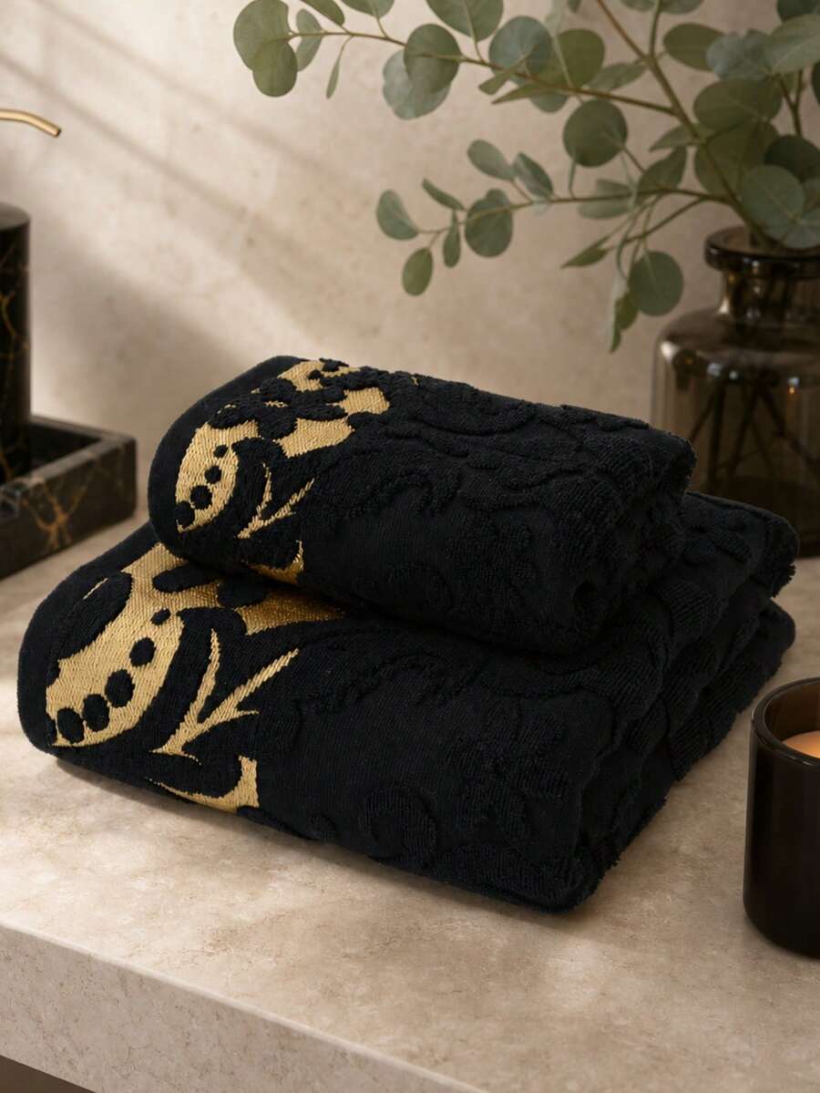 2件/1件裝 時尚梅花提花金線刺繡個性化毛巾 柔軟吸水無毛屑 浴巾臉巾 適合情侶居家浴室裝飾 戶外泳池毛巾 日用飯店禮品 成人高級家用吸水快乾洗髮洗臉毛巾 1件或70*140裹巾浴巾1件 - 黑色 - 查看 1