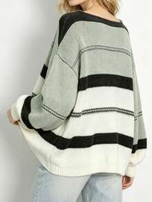 Spring Autumn Winter European American Style Elegant Striped Women's Knit Sweater Fashion Casual Commute Long Sleeve V-Neck Plus Size Pullover - Multicolor - View 5