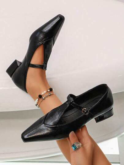 Women's Pointed Toe T Strap Mary Jane Shoes, Buckle Decor Low Block Heel Retro Daily Pumps