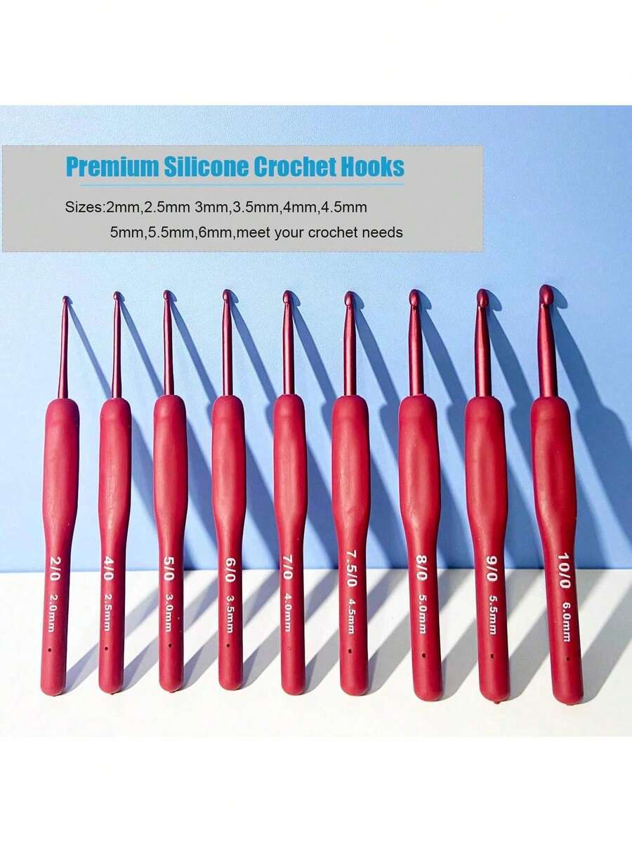 EDCUEBE7 9PCS Soft Handle Crochet Hook Set, 2-6mm Ergonomic Crochet Hook Set, Red Soft Touch Aluminum Crochet Hooks, Suitable For Beginners/Professionals, Exquisite Knitting Crochet Supplies (Accessory Color Random)