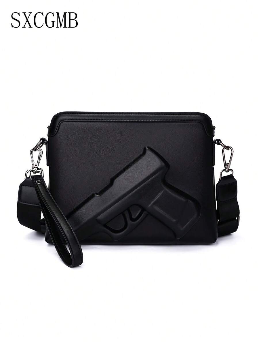 Unisex Crossbody Handbag, Pure Black Smooth PU, 3D Gunflower Embossed, Wide Strap, Wrist Strap, Street, Daily, Party, Travel - Black - View 1