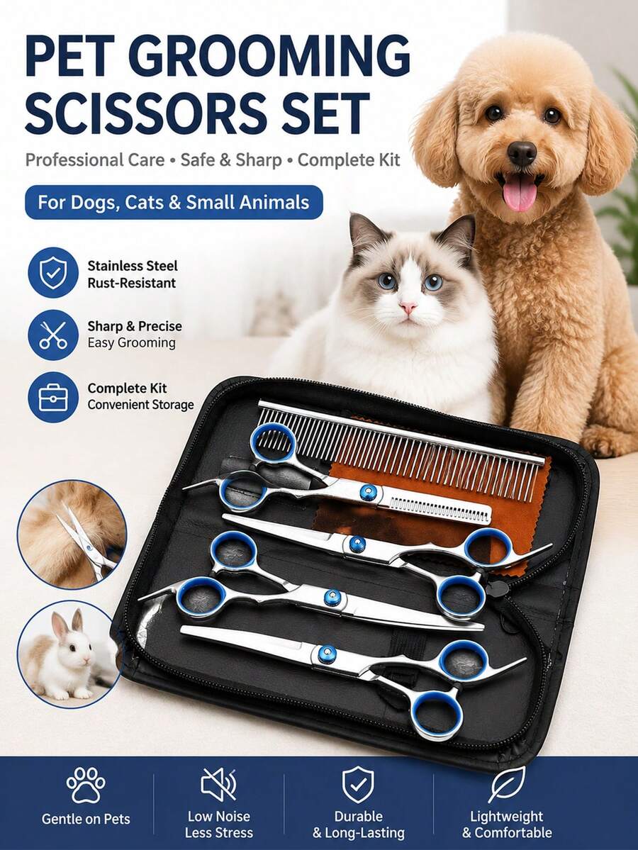 6pcs Pet Grooming Scissors Set, Trimming Scissors, Flat Scissors, Curved Scissors, Serrated Scissors, Stainless Steel Material, DIY Hair Cutting, Hairdressing Scissors, Thinning Scissors, Pet Grooming Tools - View 1