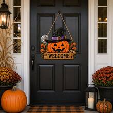 Letrero de puerta de fantasma de Halloween 2D plano, decoración colgante de madera con cuerda, colgador de puerta de Halloween rústico, adecuado para puerta principal, porche, entrada, pared y decoración de fiesta - A - Ver 3