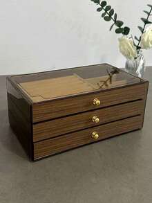 1pc 3-Tier Vintage Walnut Wood Jewelry Box, Drawer Style Jewelry Organizer Box For Rings, Earrings, Necklaces, Bracelets, Elegant Transparent Plastic & Velvet Drawers Jewelry Storage Box - Multicolor - View 8
