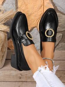 Women's Solid Color Preppy College Commute Pure Metal Chunky Heel Slip-On Loafers Office Shoes - Black - View 7