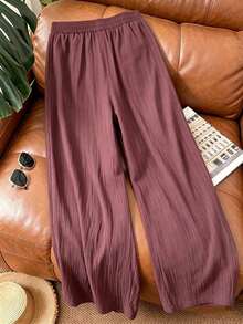 Plus Size Women's Solid Color Bohemian Style Straight Leg Pants With Drawstring - Red Violet - View 2