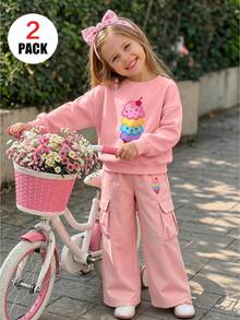 2pcs Set For Young Girls, With Ice Cream Cone Pattern Crew Neck Long Sleeve Sweatshirt + Cargo Pants, Soft Fabric Casual Clothings, For Autumn&Wint Wear - Pink - View 1