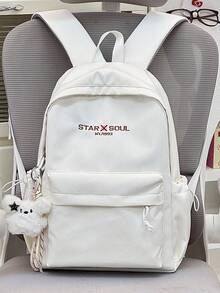 NEVVA 1 pieza Mochila de gran capacidad para deportes de verano, estilo de moda universitaria Ins, casual, simple y versátil, bolsa escolar estilo coreano para estudiantes universitarios, para ir a clase y desplazarse, con colgante - Beis - Ver 5