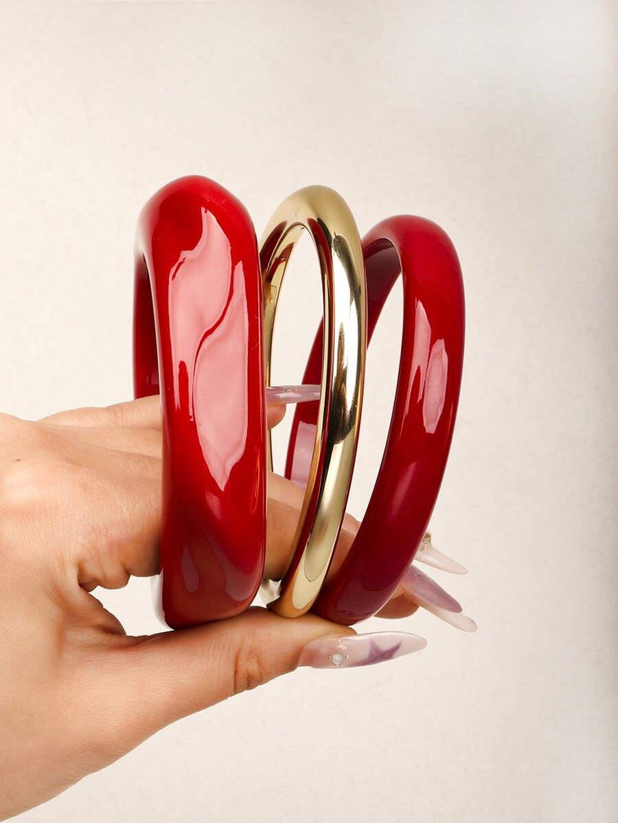3pcs Unique Bracelet Set, Luxury Elegant Style Bracelets For Women (Batch Difference, Resin Gradient Color May Vary Slightly) - Red - View 1