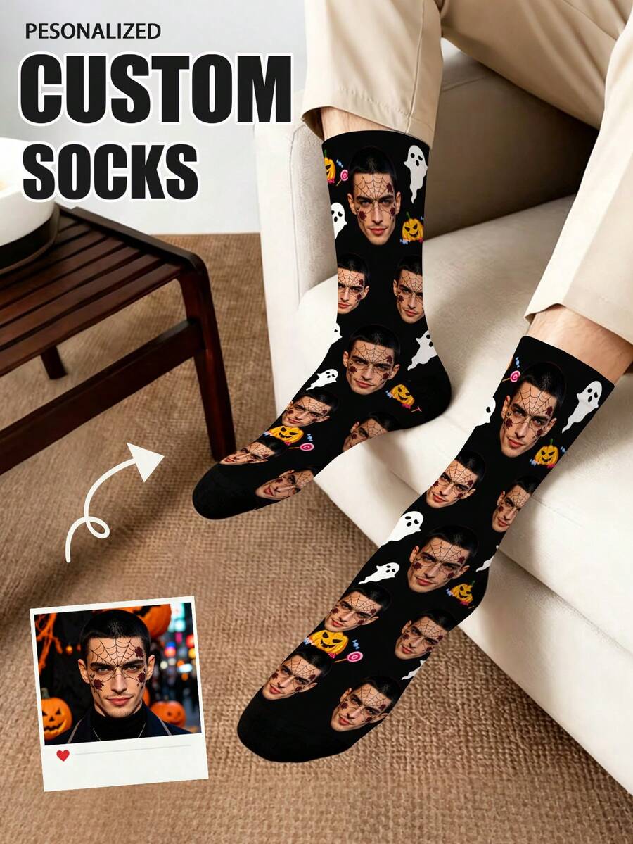 1 Pair Customized Women's Mid-Calf Socks, Customized Face Socks, Couple Socks, Customized Photo Socks, Customized Printed Socks, Personalized Funny Face Socks, Customized Pattern Socks, Personalized Interesting Face Pattern, Can Print Any Face Shape On Socks, Anniversary Gift, Valentine's Day Gift, Birthday Gift, Wedding Gift, Mother's Day Gift, Father's Day Gift, Best Friend Gift, Gift For Mom/Dad, Gift For Girlfriend/Boyfriend - Black - View 1