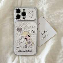 1 pieza Funda de teléfono con ventana grande de conejo con lazo de estrella, textura de lichi blanca, compatible con 13/14/15/16/17 PRO PROMAX PLUS, funda de teléfono con ventana grande de cobertura completa - Chica conejo - Ver 3