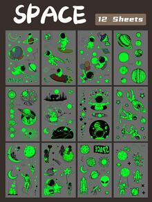 zillor 12 Sheets Luminous Astronaut Space Travel Temporary Tattoos, Glow In The Dark Planet Outer Space Travel Astronaut Spacecraft Rocketship Stars Patterns, Birthday Party Favors Supply, Decoration At Music Festival Parties & Nightclub, Lasting 2-5 Days - Green - View 11