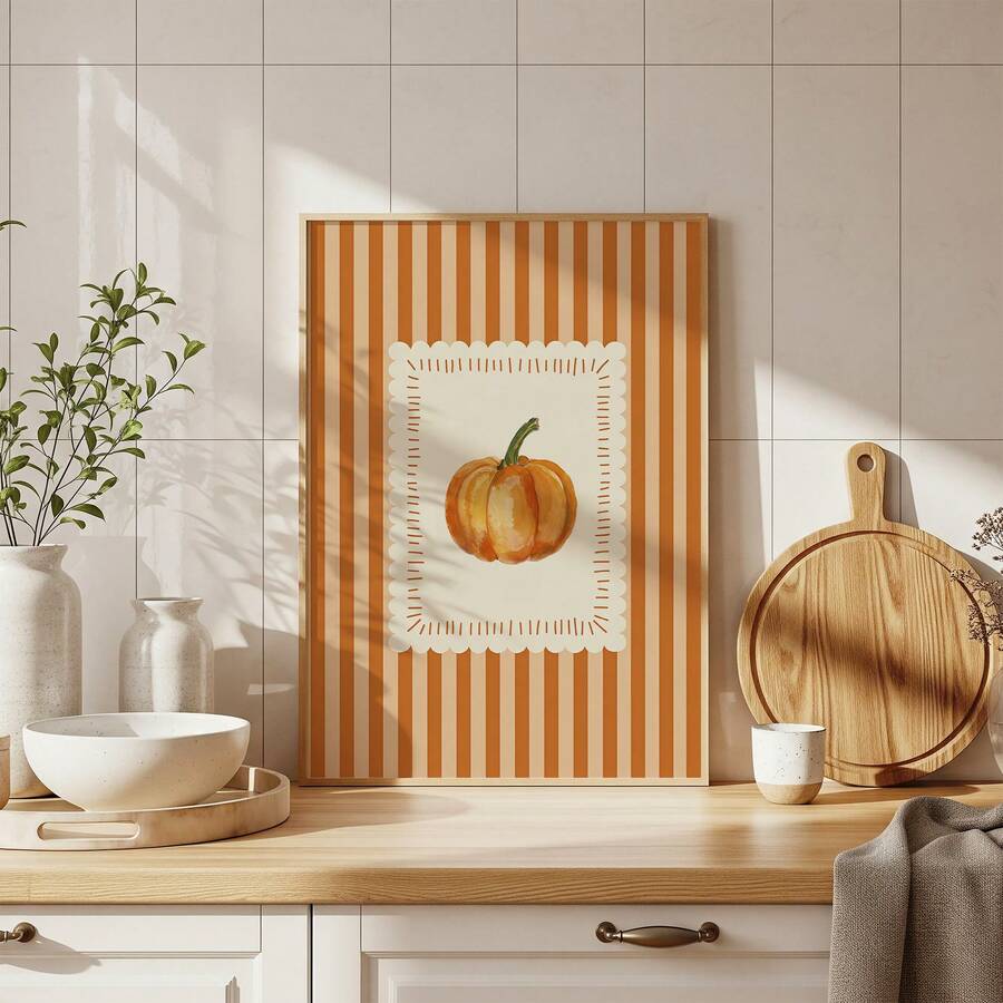 1pc Frameless Pumpkin Pattern Fall Wall Art Canvas Poster, Cute Autumn Kitchen Decor, Halloween , Thanksgiving, Cozy Farmhouse Holiday Wall Art Print For Apartment, Living Room, Bedroom, Room Decor Bedroom , Vintage Decor - Pumpkin - View 1