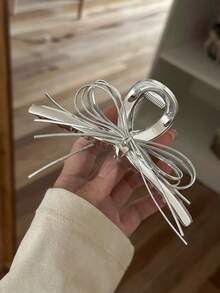 1pc Silver Ribbon Bow Hair Claw Clip, Minimalist Elegant Hair Claw For Back Of Head Updo, Commuter Hair Accessory - Silver - View 5