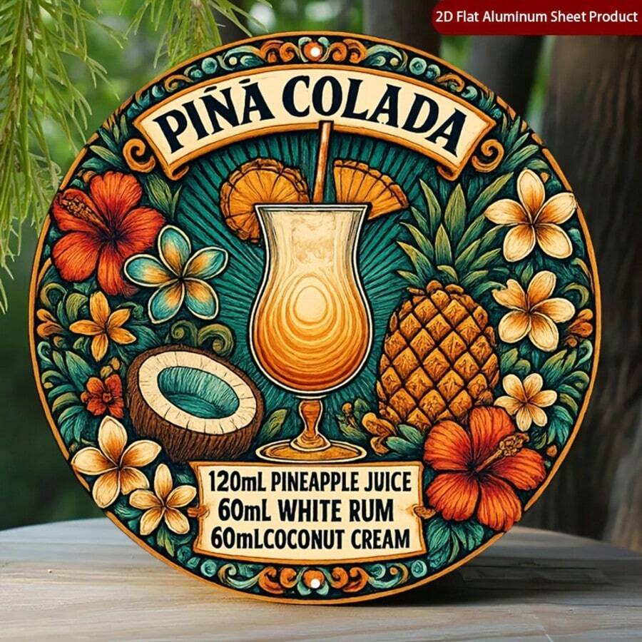 1pc 2D Flat Coconut Cream 8X8 Inch Metal Sign, White Rum Vintage Metal Wall Art, Home, Garage, Cafe Wall Decor Sign, Pineapple Juice Sign, Tropical Drink Decoration, Pre-Drilled Holes, Style As Shown In Size Chart - Multicolor - View 1