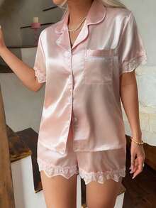 2pcs Women's Solid Color Satin Lace Trim Short Sleeve Collared Top And Bow Shorts Pajama Set - Pink - View 6