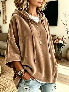 1pc Solid Color Polyester Drawstring Button Women's Sweatshirt, Suitable For Daily, Office, Street Wear In Autumn/Winter - Coffee Brown - View 2