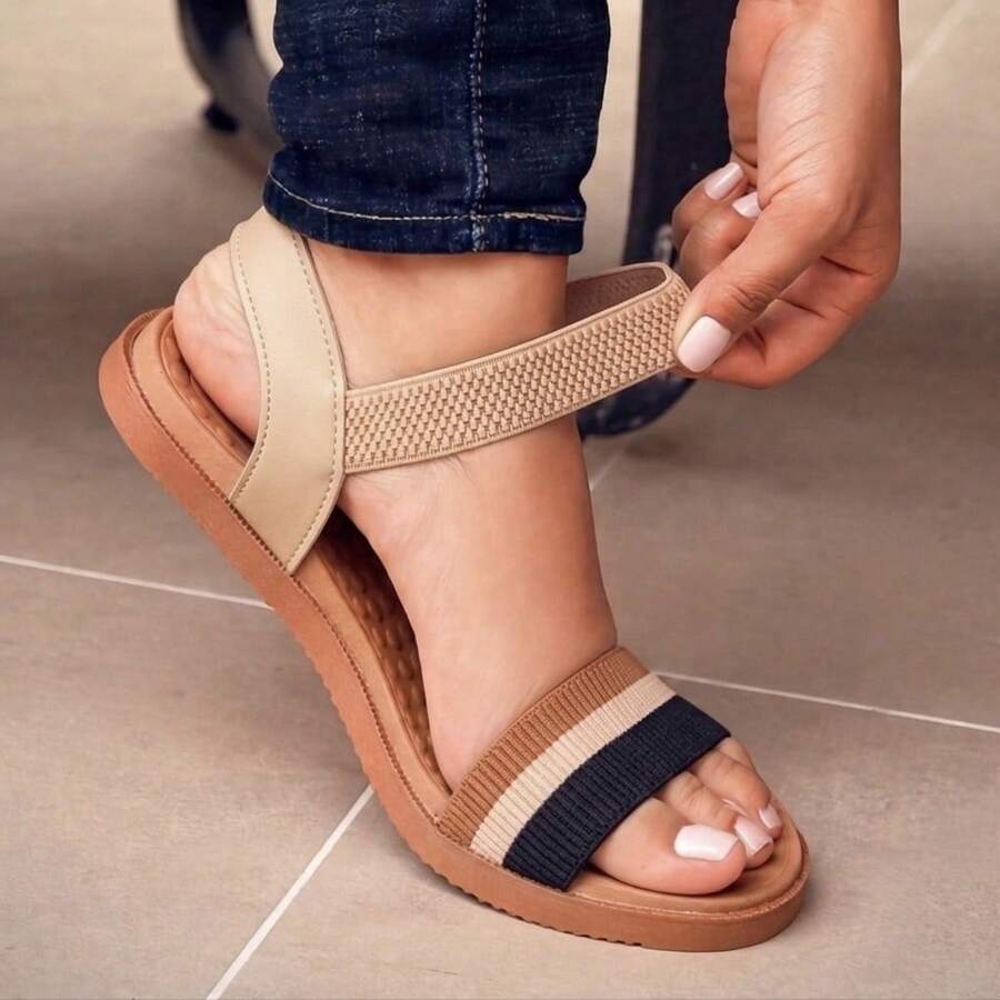 ALLEAN Women's Elastic Flat Sandals - BK 米色-黑色 - 查看 1