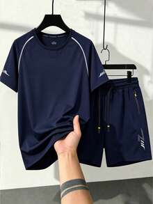 男士夏季薄款海軍藍休閒運動兩件組，插肩袖撞色圓領短袖T恤、休閒運動短褲，肩部反光安全條，適用於夜跑、晨跑、日常通勤、居家休閒、外出、學生、體育課 - 寶藍色 - 查看 5