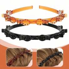 2/1pc Vintage Black & Amber Multi-Clip Braided Headband, Non-Slip Hair Styling Hair Tie, Women & Girls Daily Casual Hair Accessory, Halloween Retro Wavy Headband, Tortoiseshell & Black - Multicolor - View 3