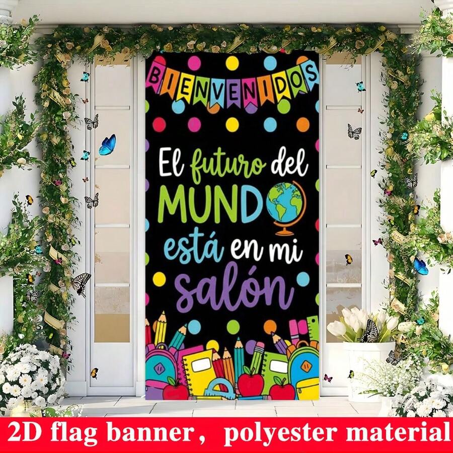 1pc Spanish Style Back To School Door Curtain Party Banner, Polyester Material, Black Background With Globe And Pencil Pattern, Suitable For Back To School Party, Classroom Decoration Hanging Flag, Spanish Campus Theme Event Decoration