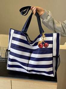 Minimalist Colorblock Wide Stripe Handbag, Large Capacity Multi-Pocket Foldable Tote Bag, Casual Versatile Shopping Bag, Suitable For Short Trips - Blue - View 4
