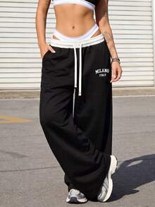 Knot & Curve Y2K Women's Double Layer Contrast Color Waist Letter Print Wide Leg Sweatpants, American Style Drawstring Elastic Waist Loose Straight Leg Black Long Pants - Black - View 6