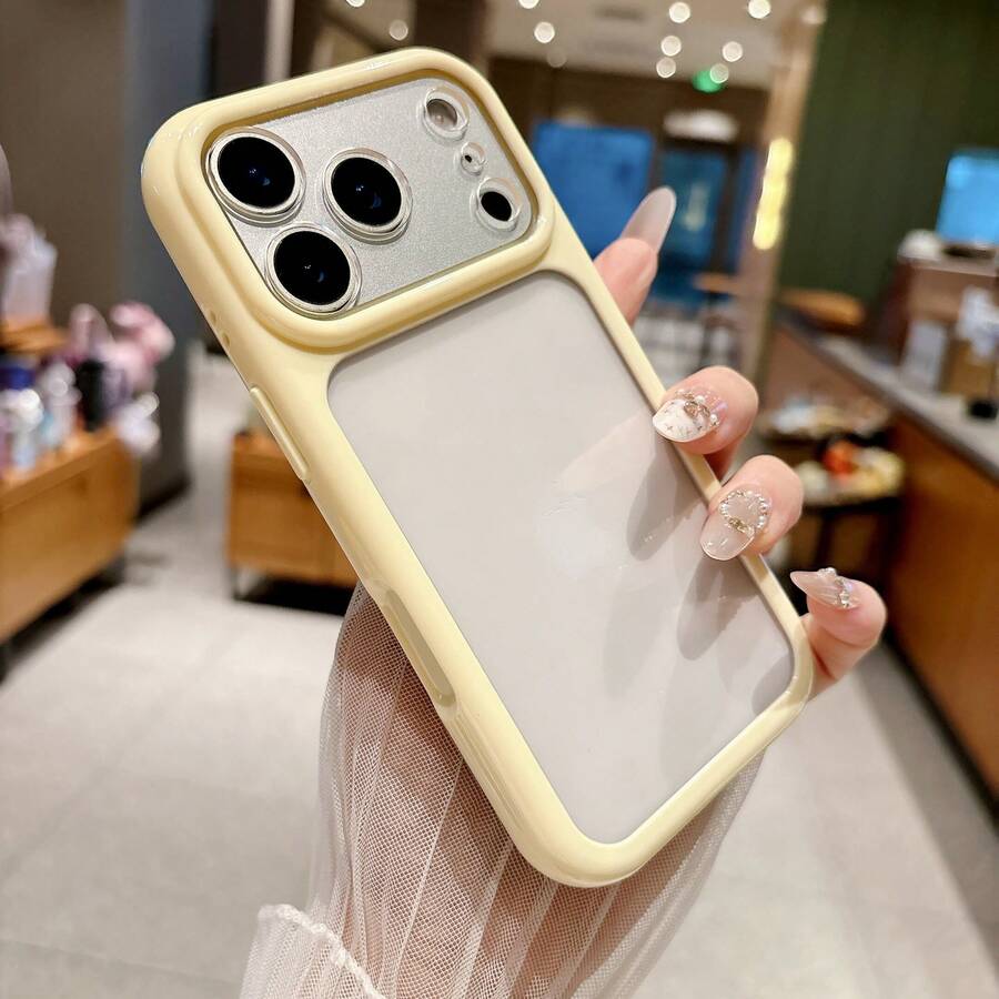 1pc Minimalist Clean Style Cream Yellow Transparent Large Lens Frame Phone Case Compatible With Apple 11/12/13/14/15/16/17 PRO MAX - Yellow - View 1