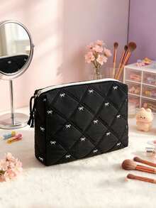 Black Quilted White Bow Embroidery Cosmetic Bag For Women Multi-Size Zipper Makeup Organizer Pouches With Handheld Case Travel Toiletry Storage Bags - Black - View 13