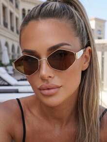 1pc Rhombus Personalized Metal Small Frame Y2K Fashion Glasses - Brown - View 4