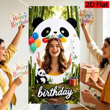 2D 派對拍照道具 可愛熊貓森林生日拍照背景布，含彩色氣球與禮物盒圖案，適合生日派對慶祝，室內/戶外裝飾背景布，耐用壁掛式 - 1 - 查看 1