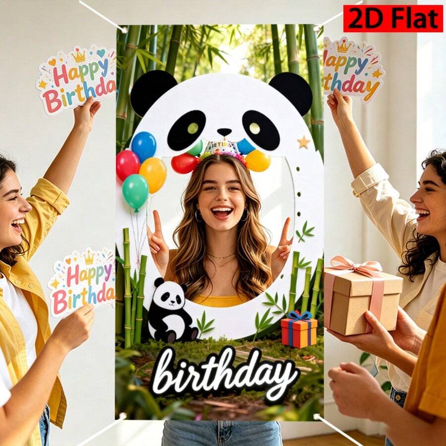 2D 派對拍照道具 可愛熊貓森林生日拍照背景布,含彩色氣球與禮物盒圖案,適合生日派對慶祝,室內/戶外裝飾背景布,耐用壁掛式 - 1 - 查看 1