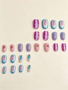 24 piezas de pegatinas de uñas con patrón de peces lindos y rayas, uñas postizas ovaladas medianas estilo macaron, estilo de verano vibrante macaron, rayas coloridas combinadas con patrón de ondas de peces de dibujos animados, uñas postizas ovaladas brillantes, adecuadas para vacaciones de verano en la playa de mujeres - Multicolor - Ver 3