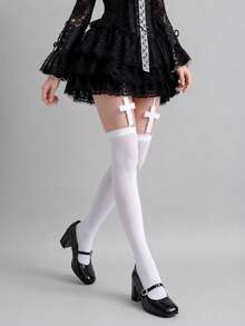 1/2 paires de bas cuissardes gothiques à croix, chaussettes noires/blanches souples et extensibles auto-tenant au-dessus du genou pour Lolita, rue, fête & port quotidien - Multicolore - Voir 5