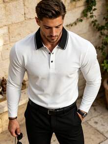 Men's Spring/Autumn Fashion Casual Loose Long Sleeve Polo Shirt With Turn-Down Collar, Suitable For Daily Commute And Travel - White - View 1