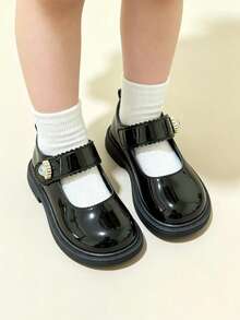 1 Pair Girls' Solid Black Academy Style Mary Jane Flat Shoes, Lightweight Non-Slip Campus Oxford Shoes, Back To School Black Shoes For Girls, Round Toe Flat Low-Top Hook And Loop Black School Shoes, Elegant Shoes For Girls, Classic Black Tone Suitable For Campus Outfits, Outdoor, Formal Wear, Daily Outings And More, Creating A Clean And Proper Academy Girl Look - Black - View 3