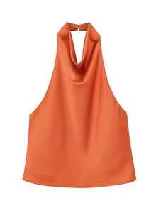 Spring/Summer Solid Color Satin Halter Neck Backless Top - Orange - View 2