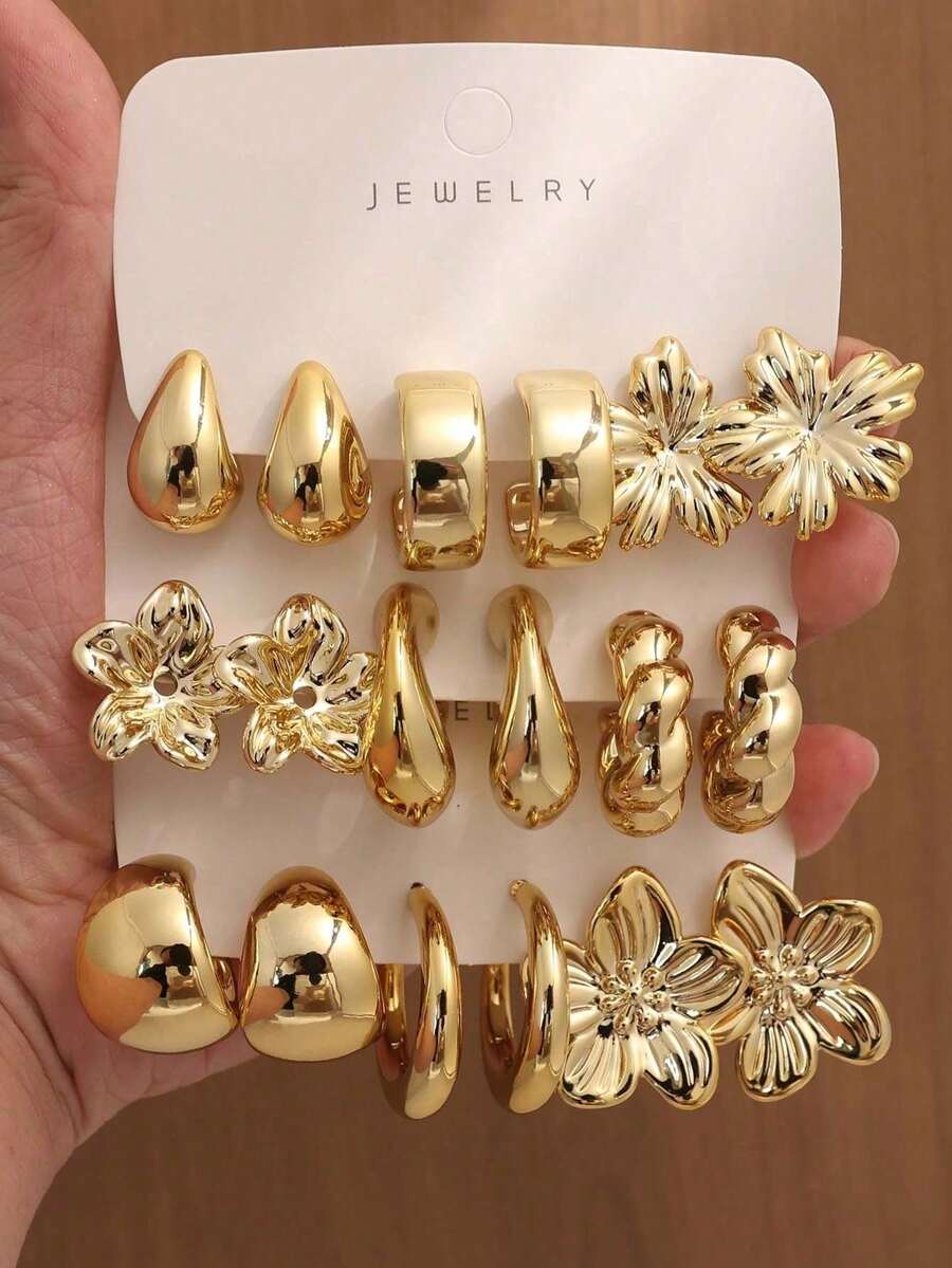 6-18pcs/Set Women's Gold Earrings Set, Flower, Water Drop, Twisted Design, Suitable For Daily Wear, Gift For Friends - Yellow Gold - View 1