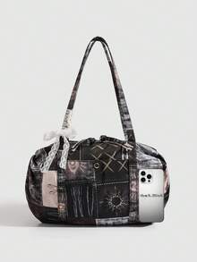 Nicekee Retro Artistic Style Relaxed Versatile Color Blocked Tote Bag, Bow Decoration Design, Large Capacity Casual Personalized Shoulder Bag. - Multicolor - View 6