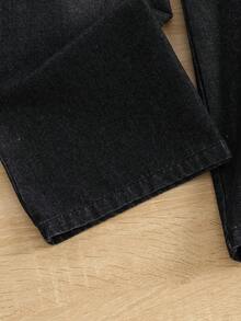 Girls' Black Denim Jeans, Fashion Casual Versatile Style, Cat Whisker Wash Effect, Wide Leg Long Pants, Suitable For Spring, Summer, Autumn, Winter - Black - View 4