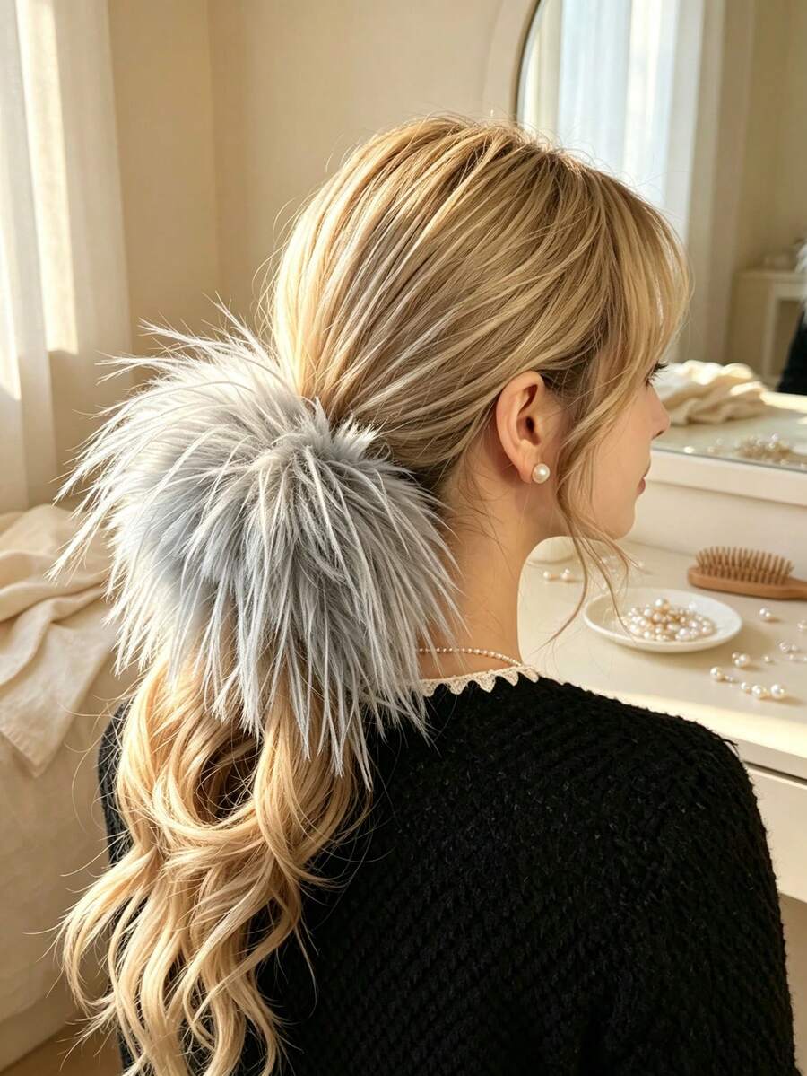 Fluffy Faux-Feather Scrunchie, Soft Scrunchies For Elevated High Ponytails, Elegant Daily Hair Accessories For Women, Multiple Colors Available - Multicolor - View 1