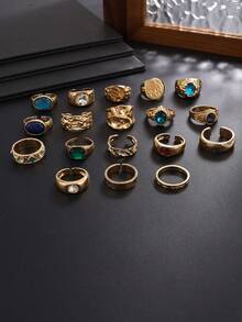 18pcs Vintage Embossed Multicolor Gemstone Ring Set, Heavy Textured Gold Wide Band Rings, Palace Style Unisex Men's Stackable Hand Jewelry - Light Gold - View 7