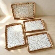1pc 34cm X 24cm X 5cm Woven Rattan Shell Wavy Edge Rectangular Tray For Home Desktop Storage - Multicolor - View 2
