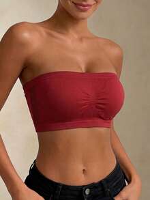 1pc Burgundy Women's Strapless Bandeau Bra, Seamless Elastic Bustier, Front Ruched Gathering Support, Breathable Mesh Back Moisture-Wicking, Wire-Free No Padding Anti-Slip, Skin-Friendly No Underarm Pinching, Suitable For Summer Outerwear, Daily Layering, Home Leisure, Travel Outfits - Burgundy - View 2