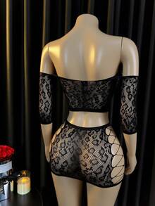 Hollow Off-Shoulder Cropped Top & Mini Skirt Sexy Lingerie 2 Pieces Set - Black - View 3